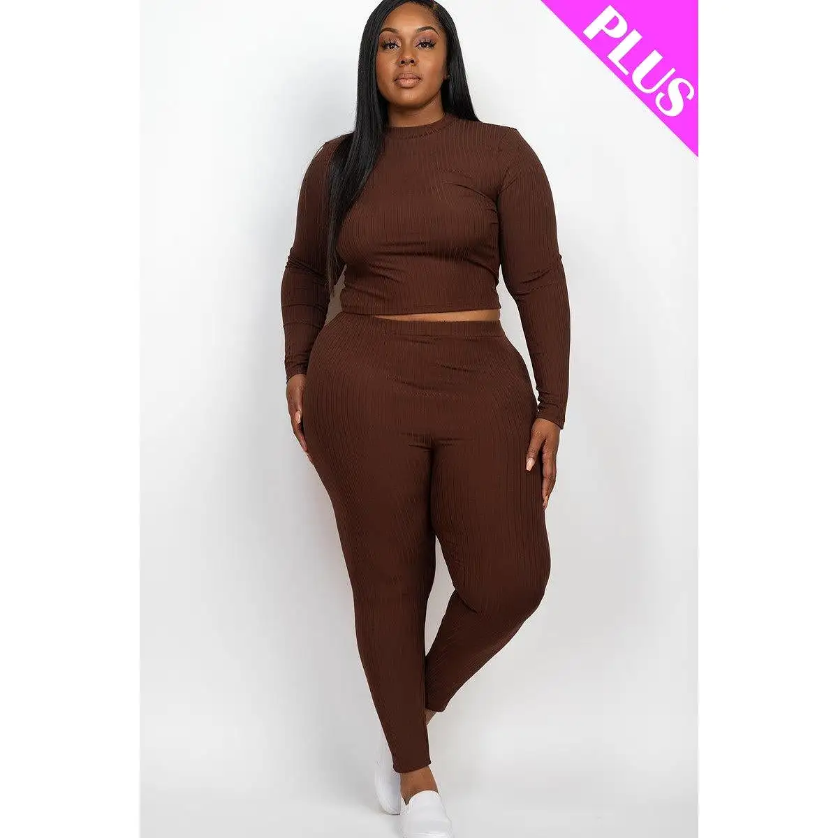 Plus Ribbed Mock Neck Long Sleeve Top & Leggings Set