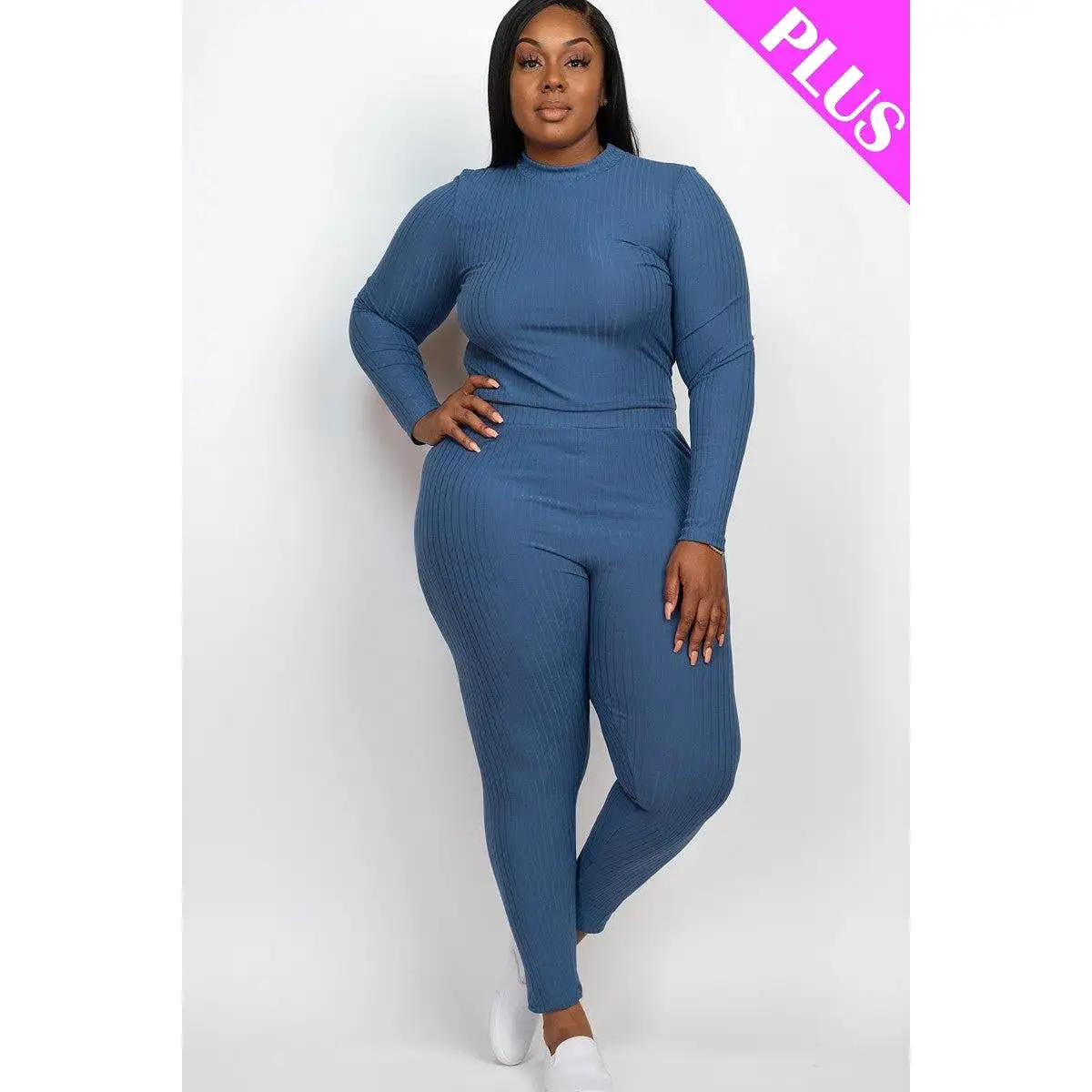 Plus Ribbed Mock Neck Long Sleeve Top & Leggings Set