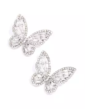 Rhodium Flutter Butterfly Cubic Zirconia Stud Earrings