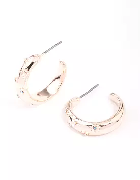 Rose Gold Diamante Star Puffy Hoop Earrings