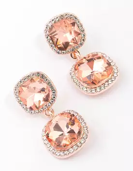 Rose Gold Double Square Halo Drop Earrings