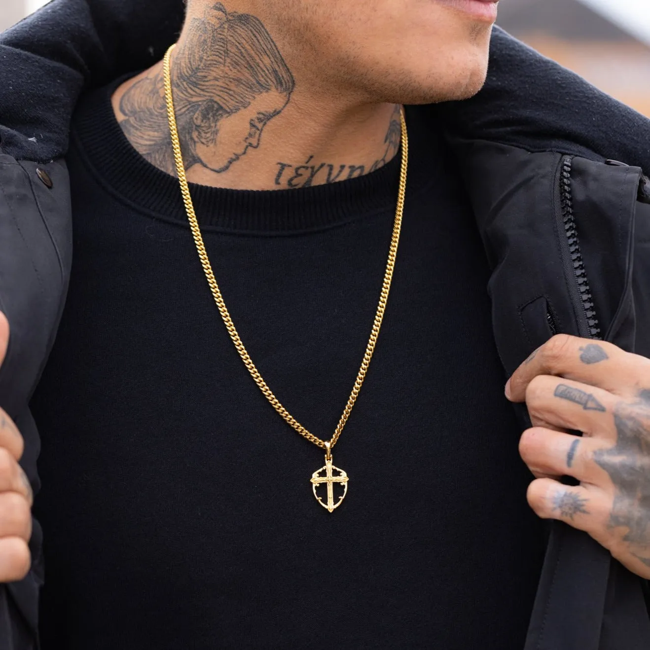 Shield of Faith Cross Pendant Necklace - Gold