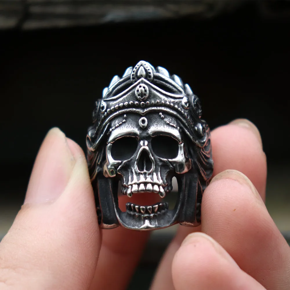 Stainless Steel Mahakali Helmet Skull Biker Rings