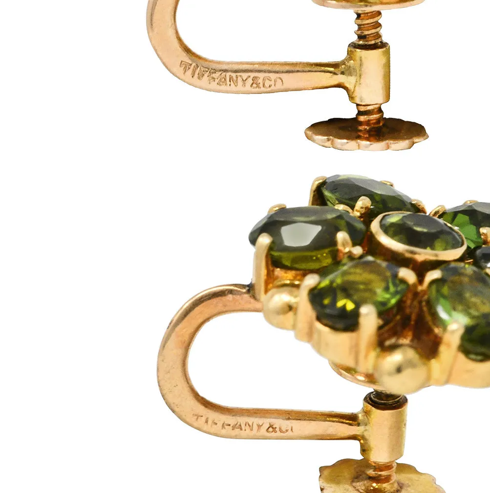 Tiffany & Co. Retro Peridot Green Tourmaline 14 Karat Yellow Gold Flower Screwback Earrings