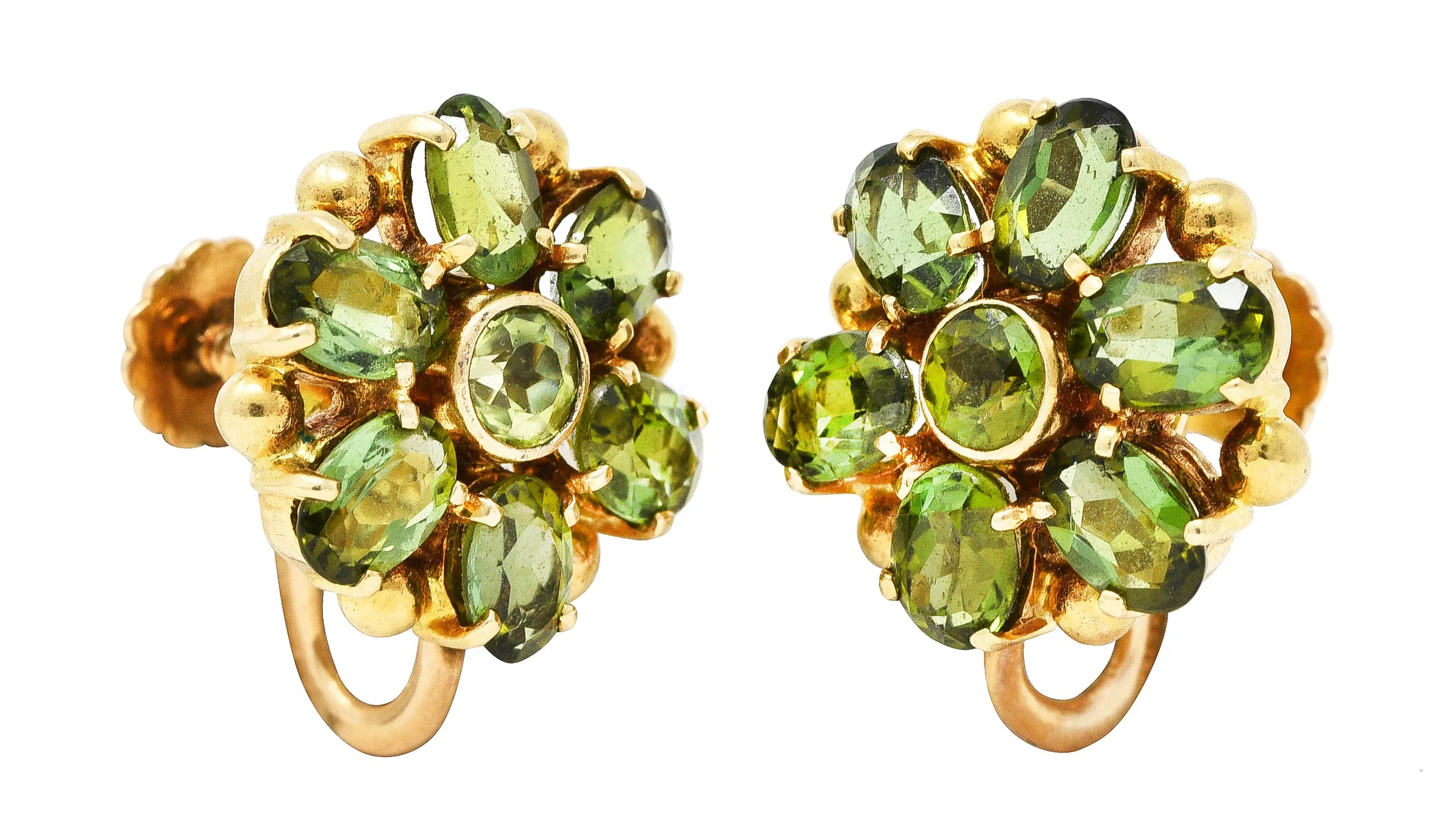 Tiffany & Co. Retro Peridot Green Tourmaline 14 Karat Yellow Gold Flower Screwback Earrings