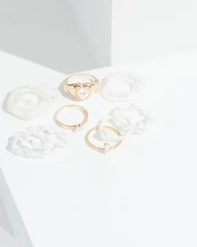 White Multi Pack Pearl And Metal Rings